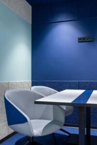 comfortable armchairs at white table placed near blue wall in modern small workspace with stylish design in contemporary business center